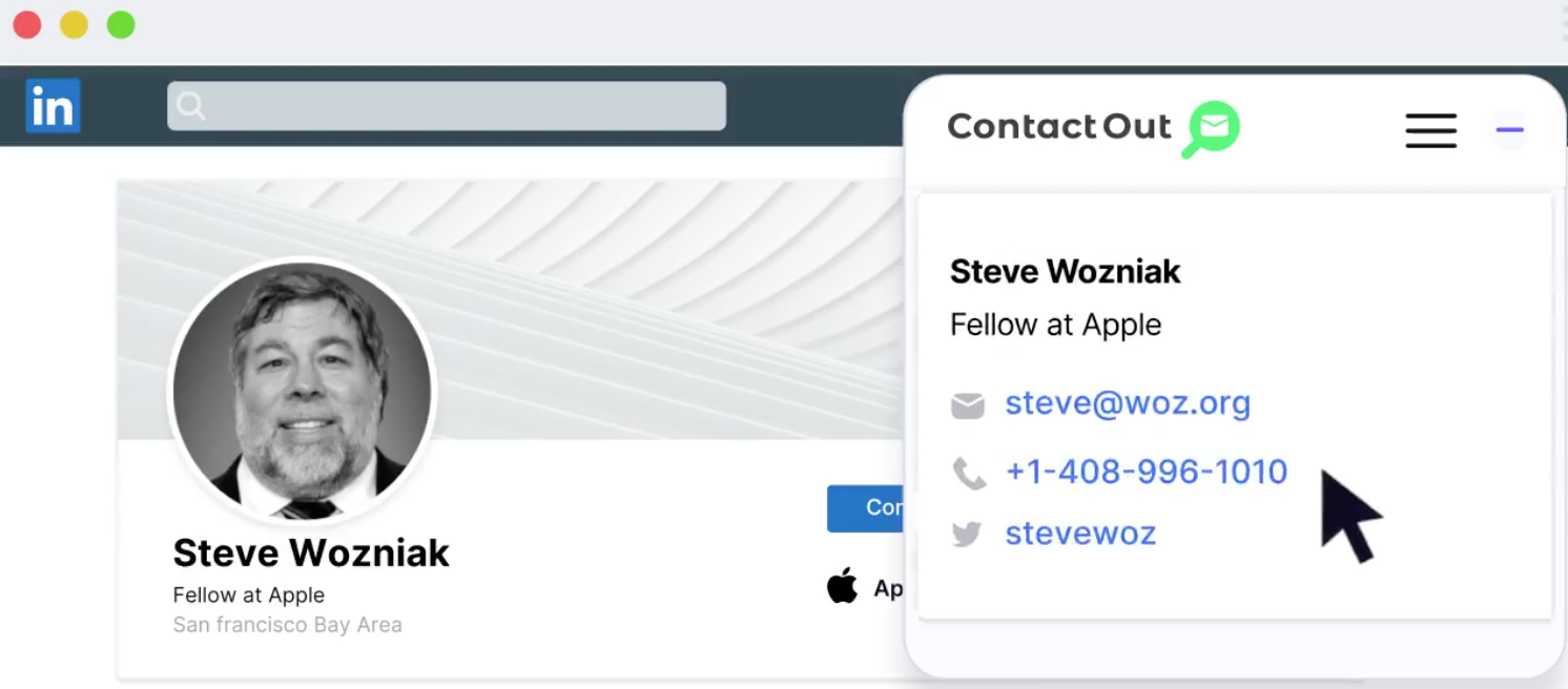 Screenshot of how ContactOut tool works, showing the email, phone number and twitter handle of a LinkedIn user.